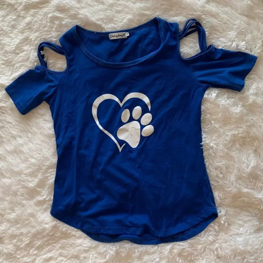 Blue Peekaboo Shoulder Dog Paw & Heart Top Medium - Picture 1 of 1